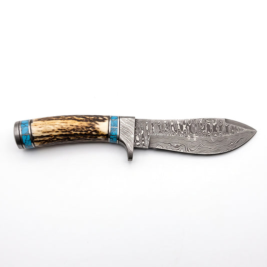 Ridgeback 10" Damascus Hunting Knife | Stag & Turquoise, side profile on white