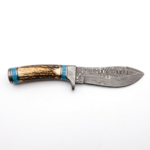 Ridgeback 10" Damascus Hunting Knife | Stag & Turquoise, side profile on white
