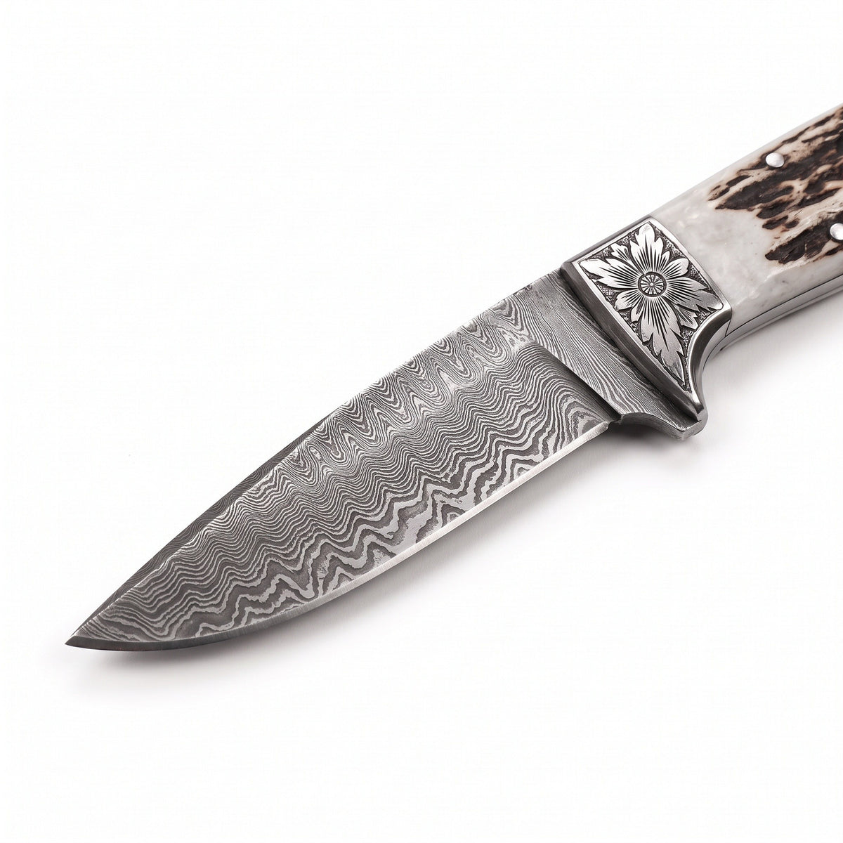 Ridgeback 9.5" Damascus Hunting Knife | Stag, Damascus blade close-up