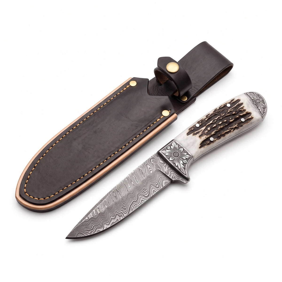 Ridgeback 9.5" Damascus Hunting Knife | Stag, three-quarter view with the Crownridge sheath