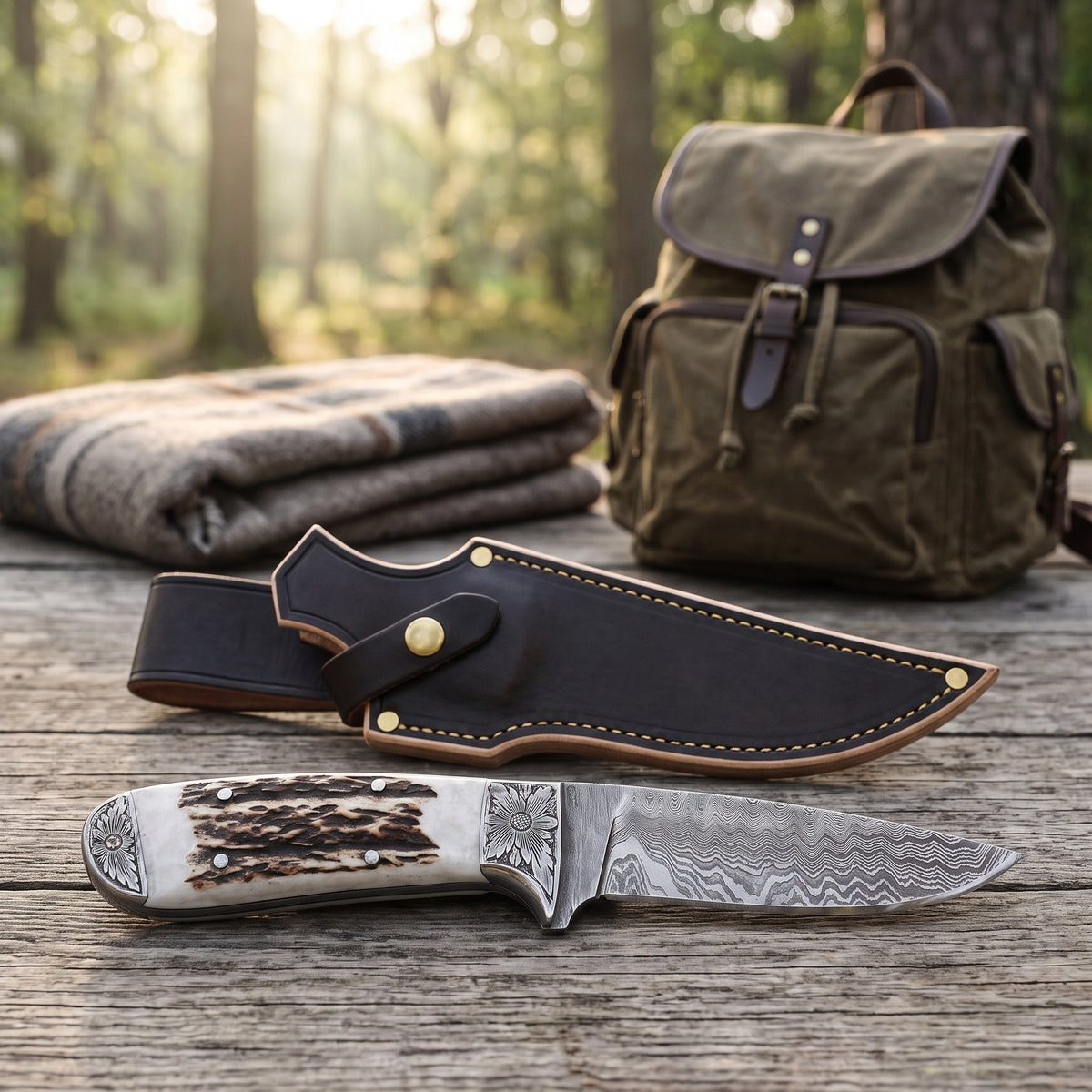 Ridgeback 9.5" Damascus Hunting Knife | Stag, with the Crownridge sheath in use