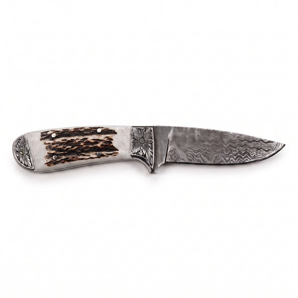 Ridgeback 9.5" Damascus Hunting Knife | Stag, side profile on white
