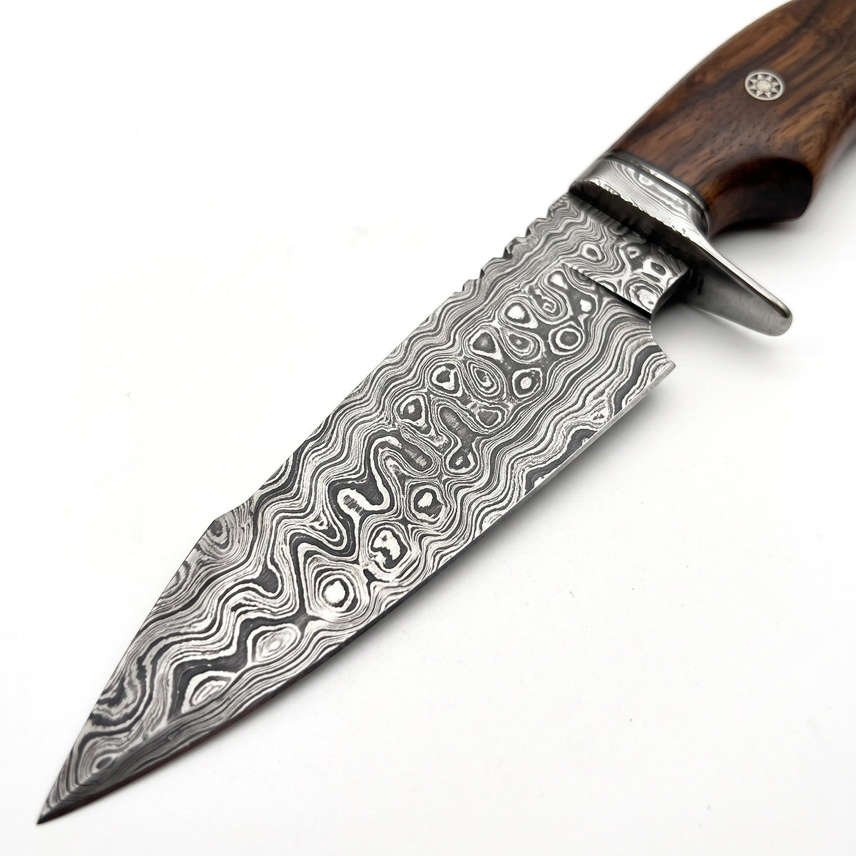 Ridgeback 10" Damascus Hunting Knife | Walnut, Damascus blade close-up