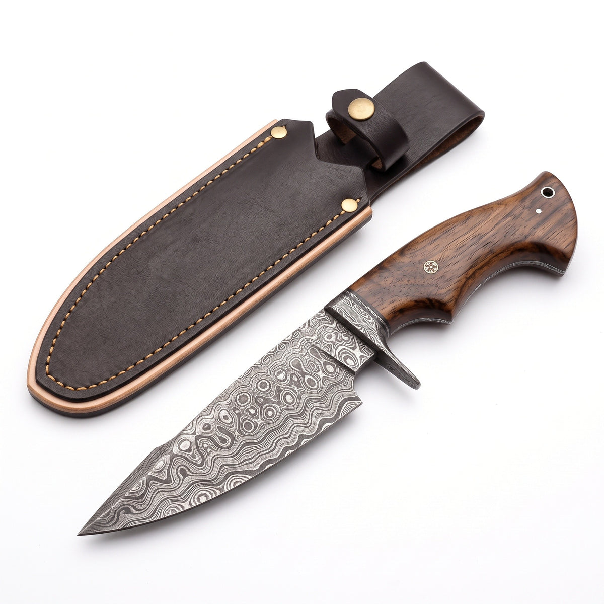 Ridgeback 10" Damascus Hunting Knife | Walnut, three-quarter view with the Crownridge sheath