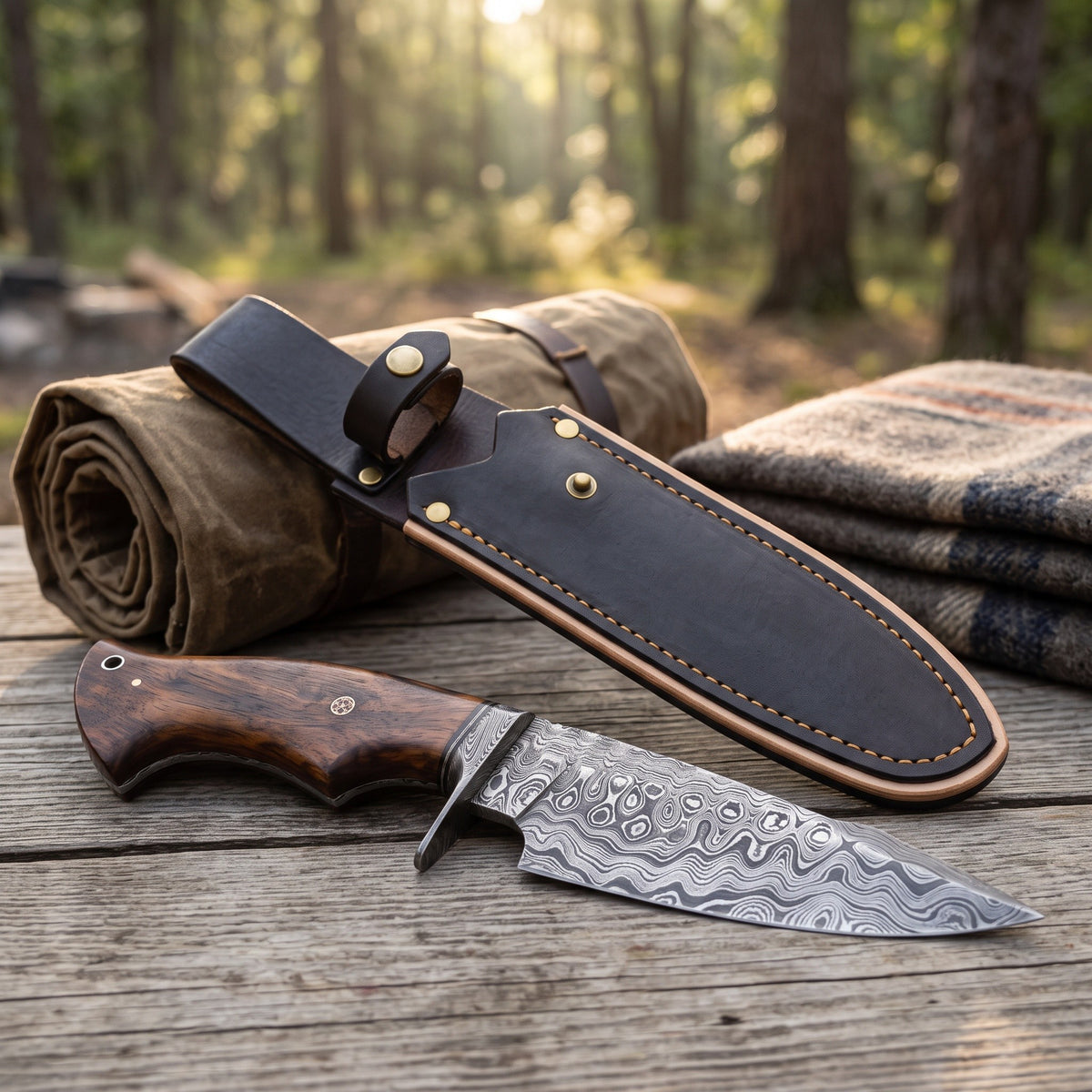 Ridgeback 10" Damascus Hunting Knife | Walnut, with the Crownridge sheath in use