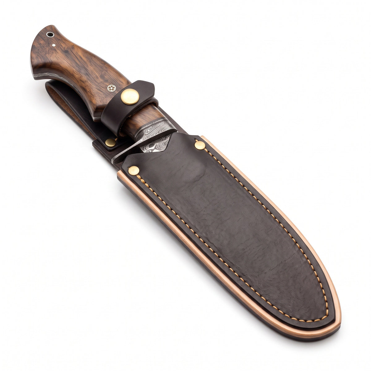 Ridgeback 10" Damascus Hunting Knife | Walnut, seated in the Crownridge sheath