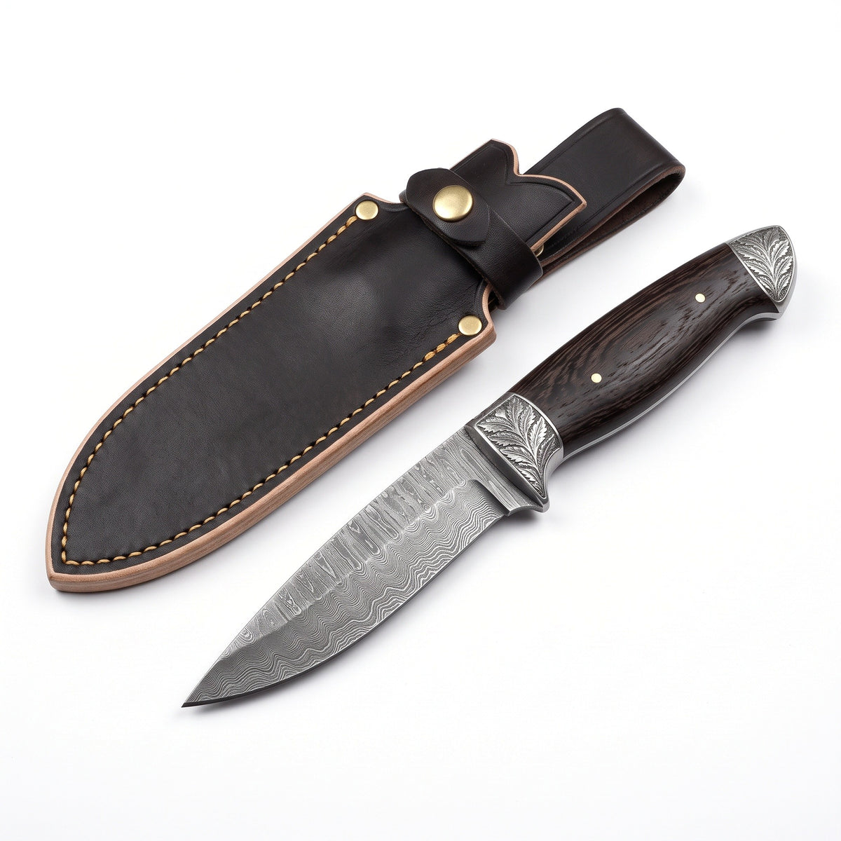 Ridgeback 10" Damascus Hunting Knife | Wenge, three-quarter view with the Crownridge sheath