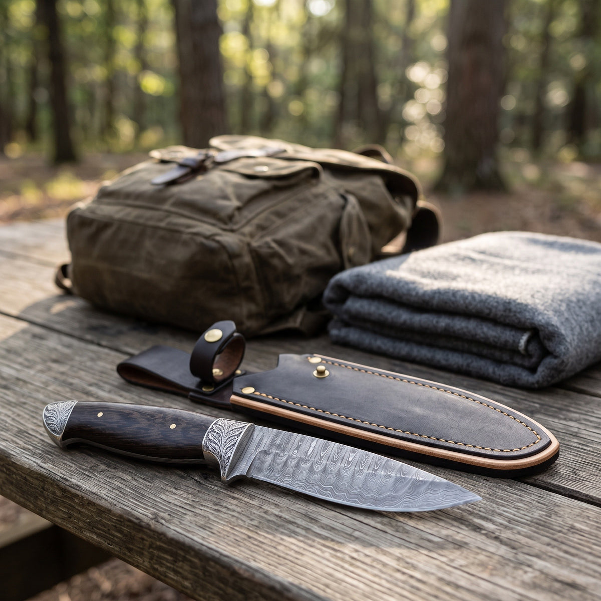 Ridgeback 10" Damascus Hunting Knife | Wenge, with the Crownridge sheath in use