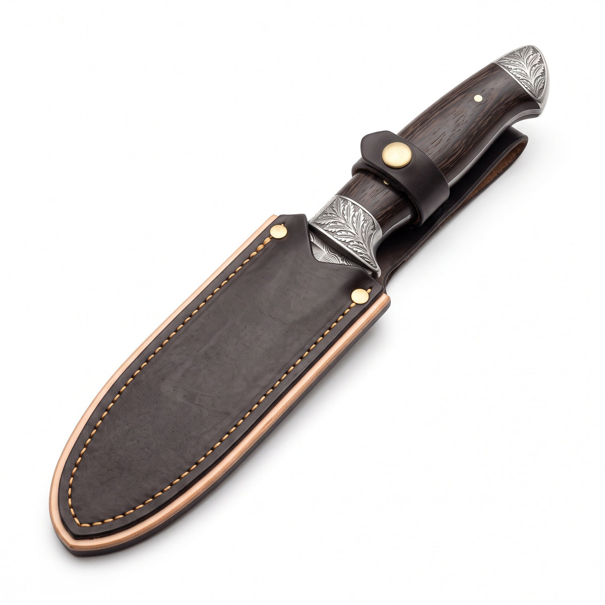 Ridgeback 10" Damascus Hunting Knife | Wenge, seated in the Crownridge sheath