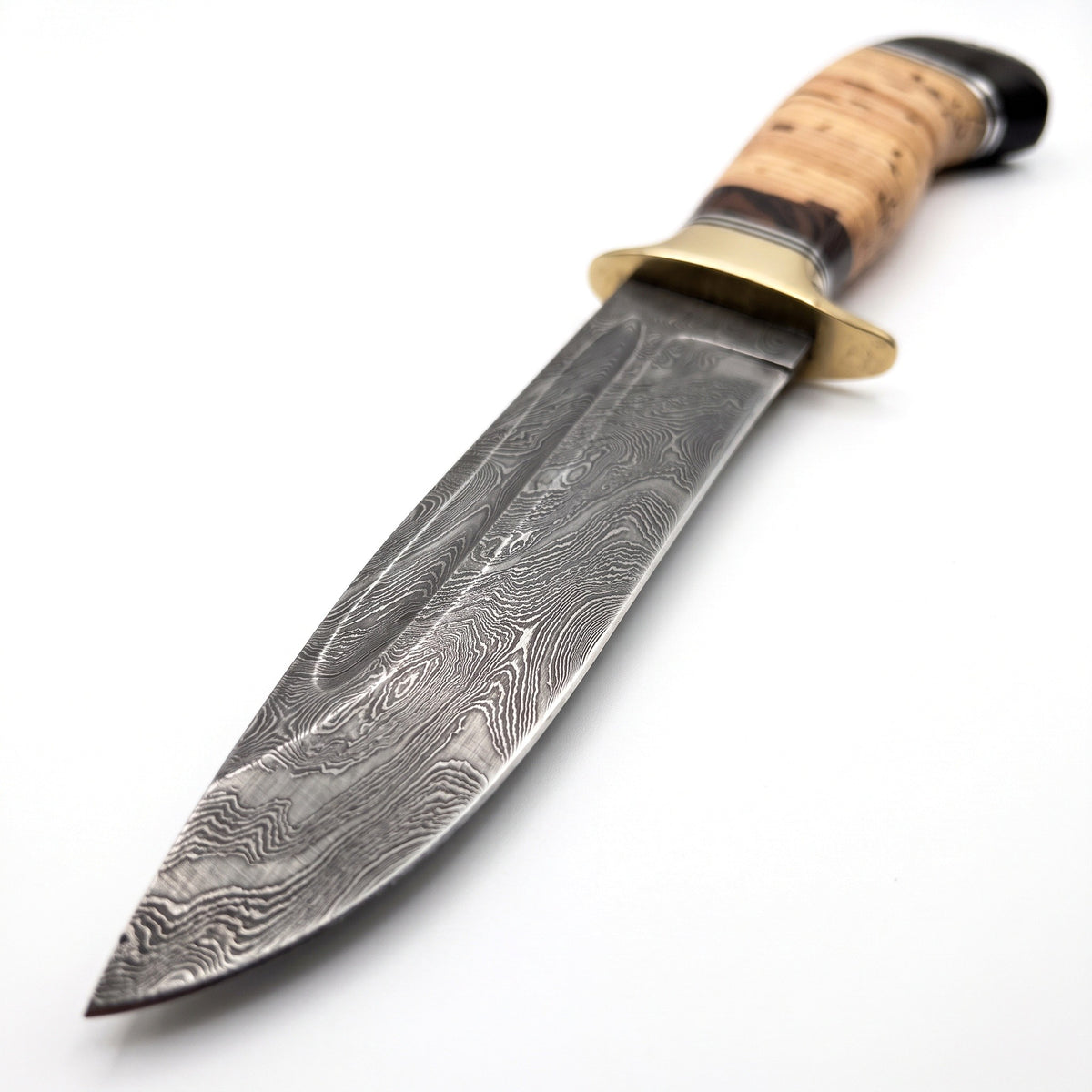 Ridgeback 11" Damascus Hunting Knife | Birch Bark, Damascus blade close-up