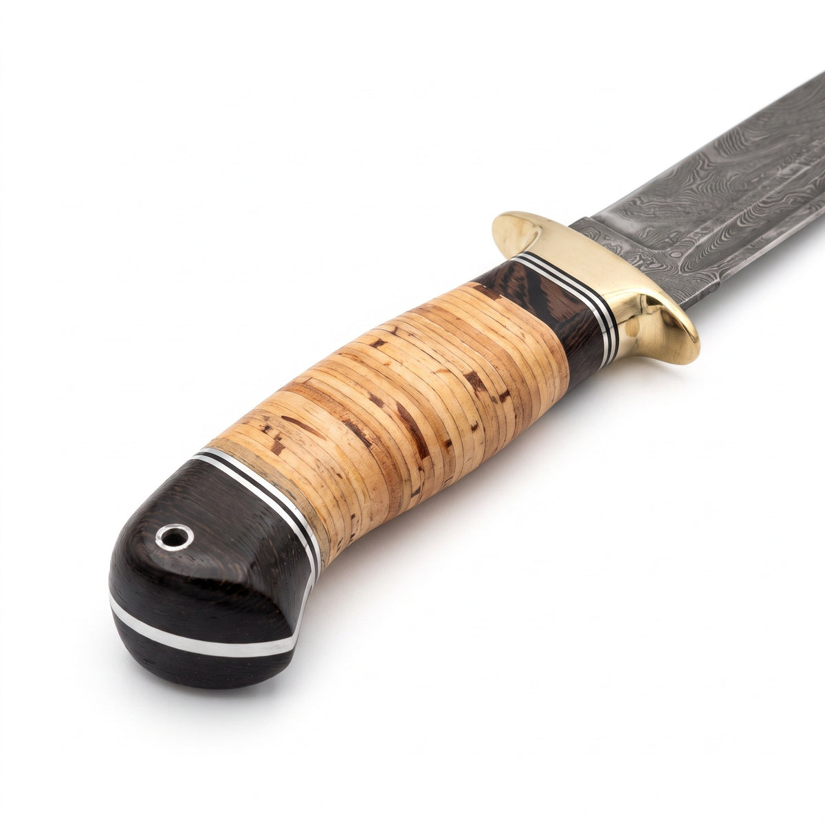 Ridgeback 11" Damascus Hunting Knife | Birch Bark, handle and fittings close-up