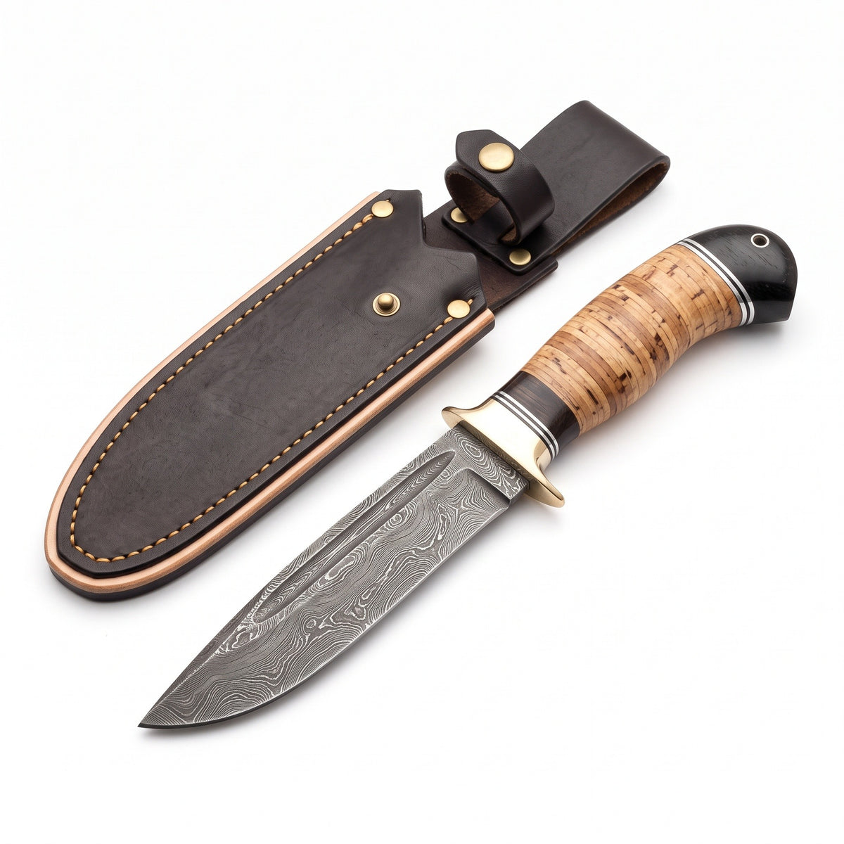 Ridgeback 11" Damascus Hunting Knife | Birch Bark, three-quarter view with the Crownridge sheath