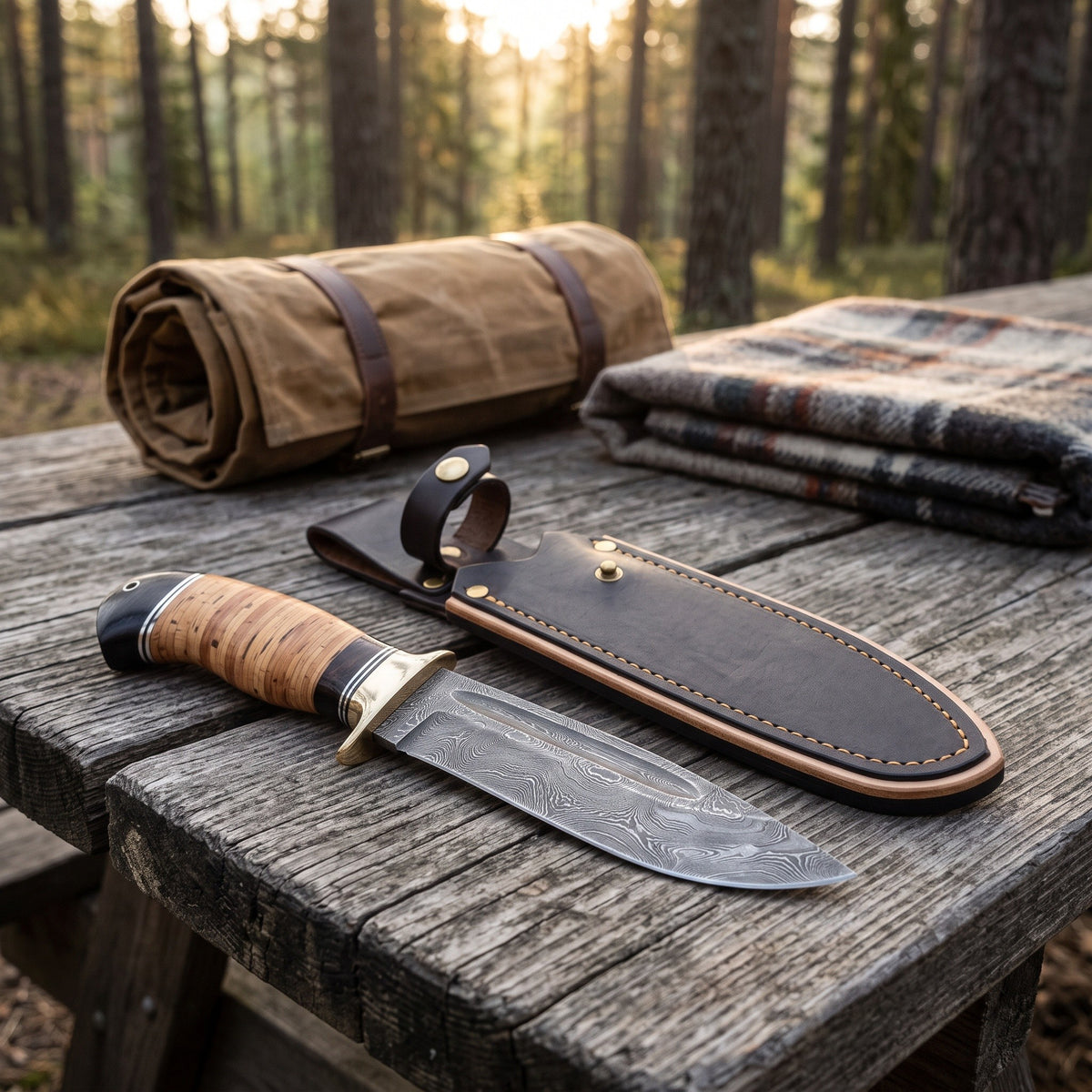 Ridgeback 11" Damascus Hunting Knife | Birch Bark, with the Crownridge sheath in use