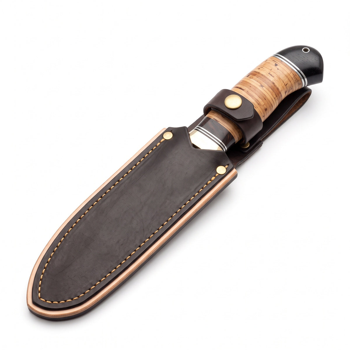 Ridgeback 11" Damascus Hunting Knife | Birch Bark, seated in the Crownridge sheath