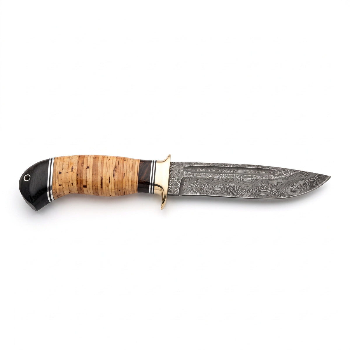 Ridgeback 11" Damascus Hunting Knife | Birch Bark, side profile on white