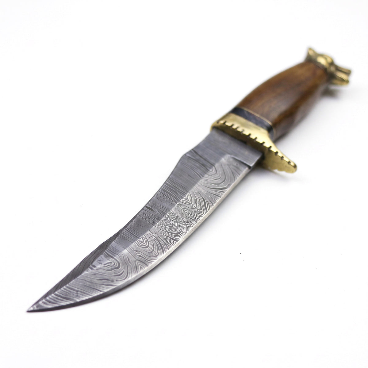 Ridgeback 11" Damascus Hunting Knife | Hardwood & Brass, Damascus blade close-up