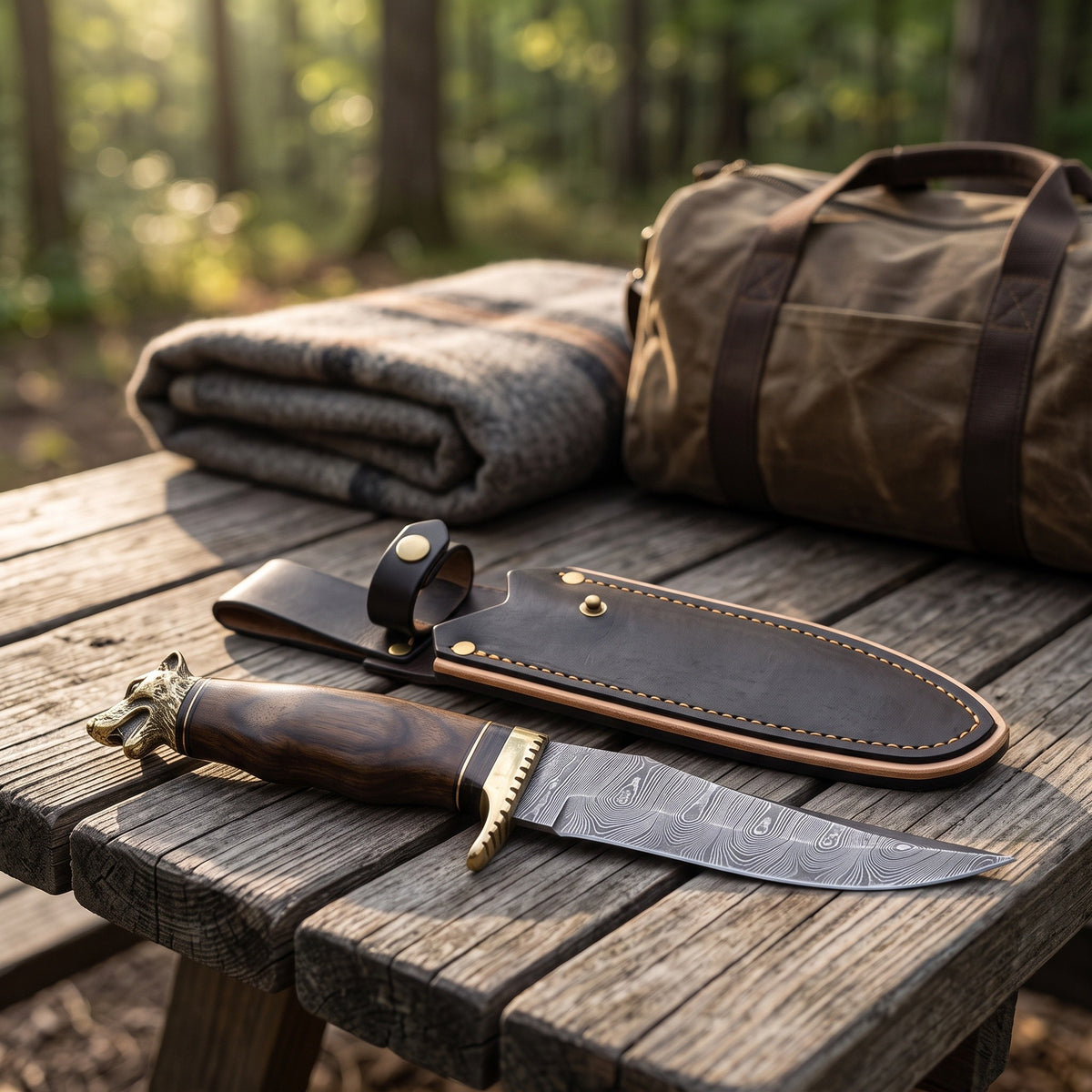 Ridgeback 11" Damascus Hunting Knife | Hardwood & Brass, with the Crownridge sheath in use