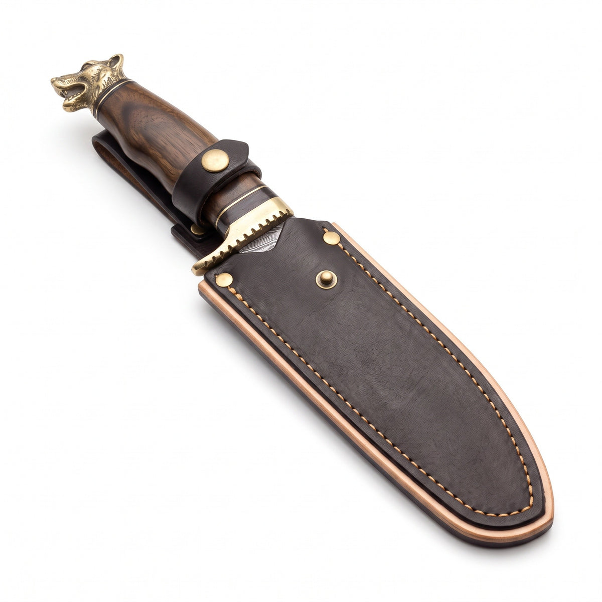 Ridgeback 11" Damascus Hunting Knife | Hardwood & Brass, seated in the Crownridge sheath