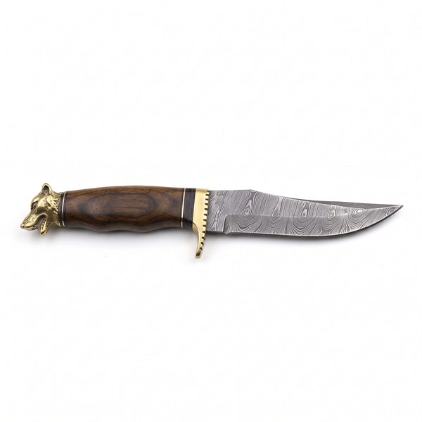 Ridgeback 11" Damascus Hunting Knife | Hardwood & Brass, side profile on white