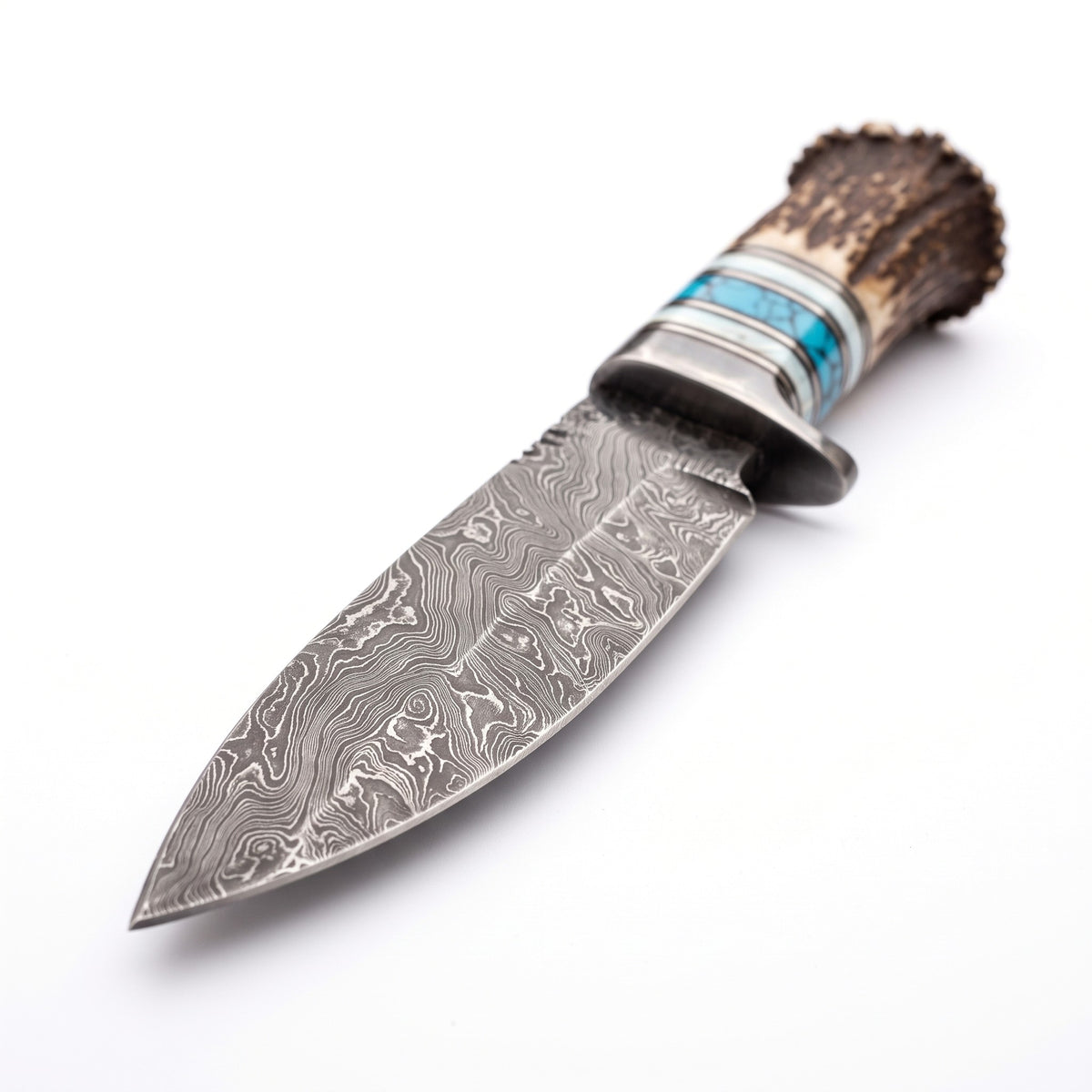 Ridgeback 11" Damascus Hunting Knife | Stag & Turquoise, Damascus blade close-up