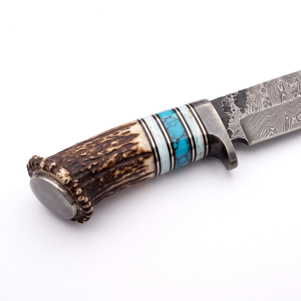 Ridgeback 11" Damascus Hunting Knife | Stag & Turquoise, handle and fittings close-up