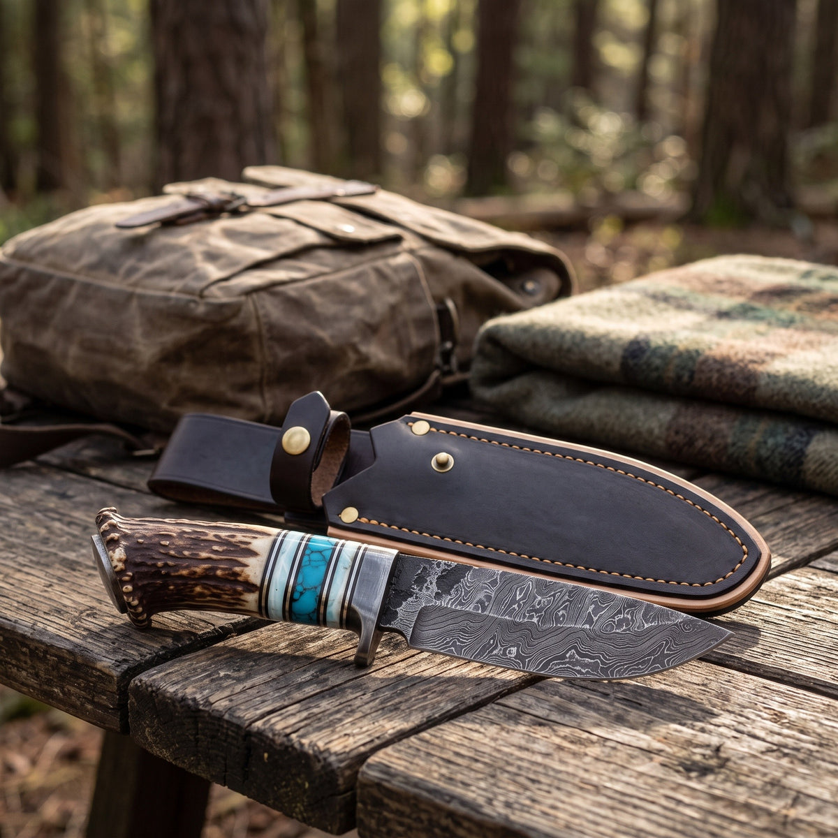 Ridgeback 11" Damascus Hunting Knife | Stag & Turquoise, with the Crownridge sheath in use