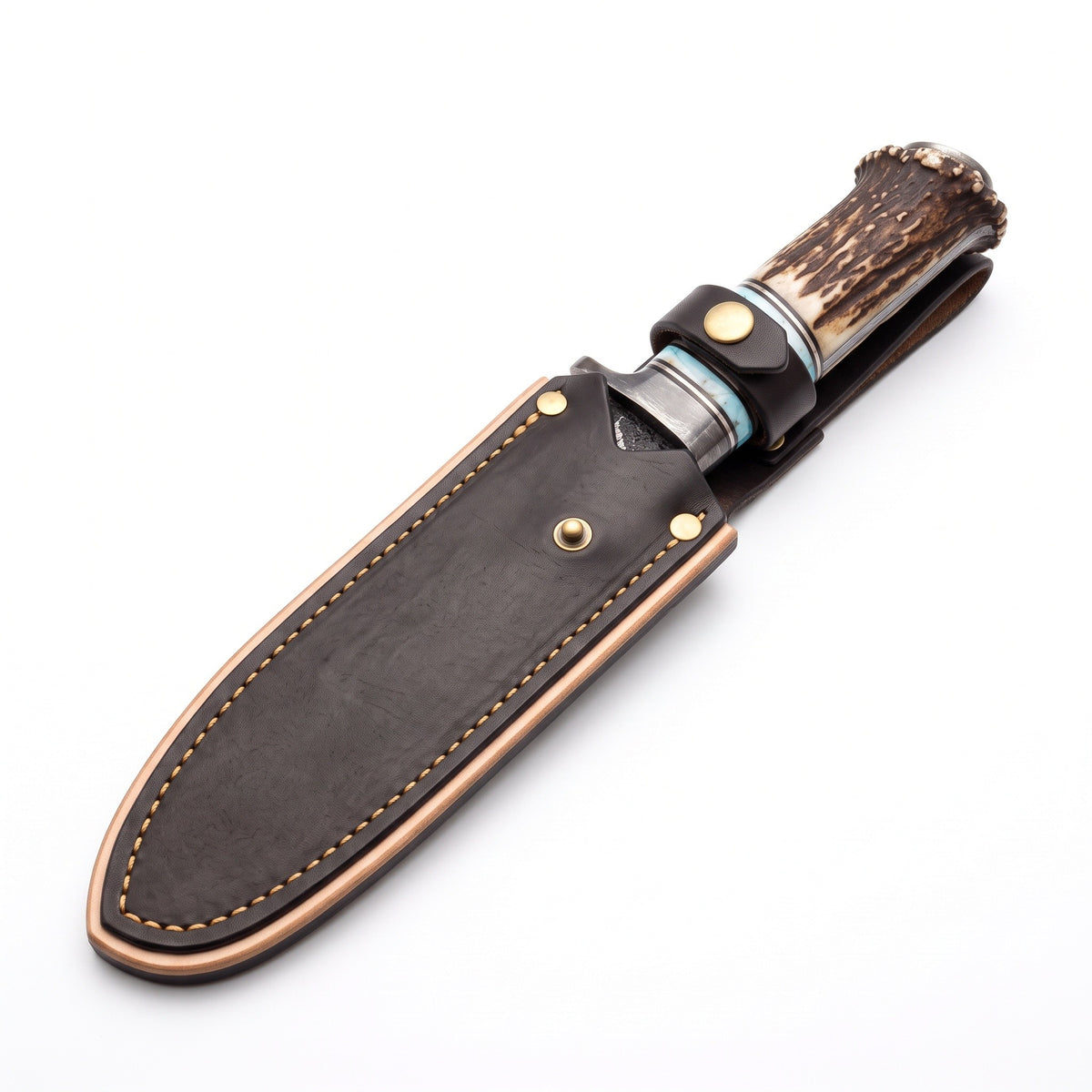 Ridgeback 11" Damascus Hunting Knife | Stag & Turquoise, seated in the Crownridge sheath