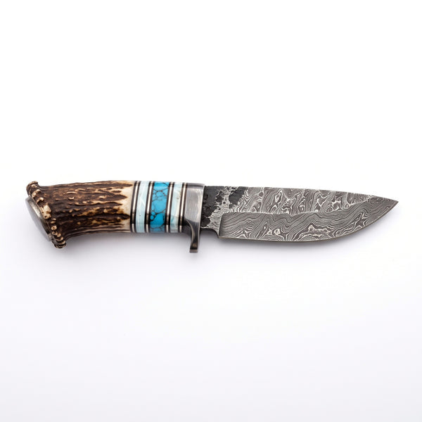 Ridgeback 11" Damascus Hunting Knife | Stag & Turquoise, side profile on white