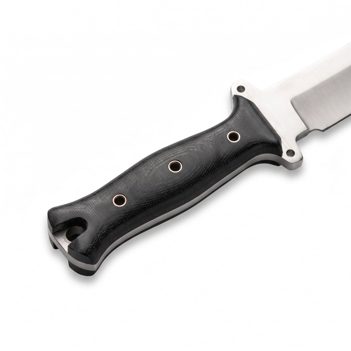 Ridgeback 11" Satin Steel Hunting Knife | Black Micarta, handle and fittings close-up