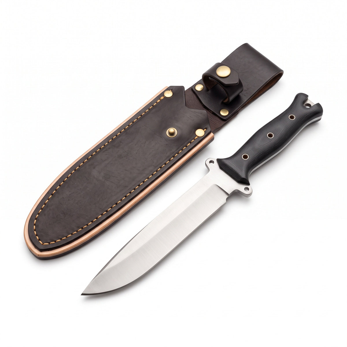 Ridgeback 11" Satin Steel Hunting Knife | Black Micarta, three-quarter view with the Crownridge sheath