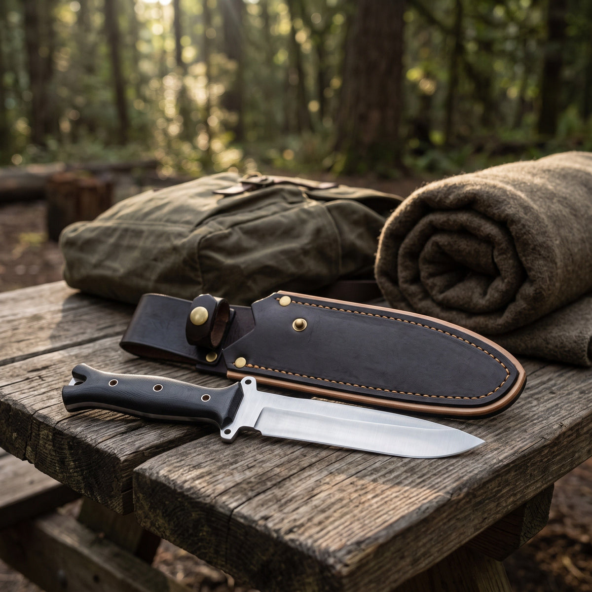 Ridgeback 11" Satin Steel Hunting Knife | Black Micarta, with the Crownridge sheath in use