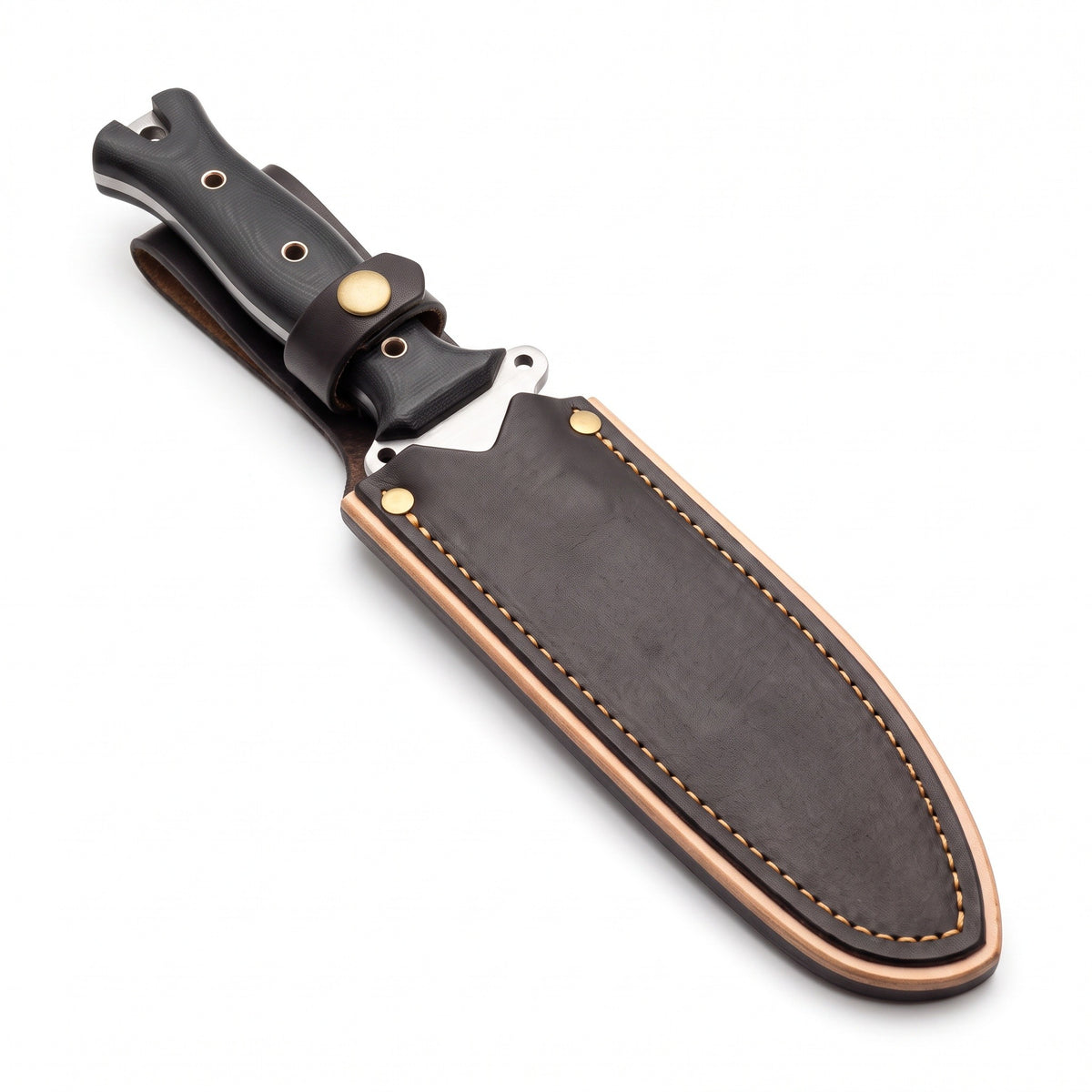 Ridgeback 11" Satin Steel Hunting Knife | Black Micarta, seated in the Crownridge sheath
