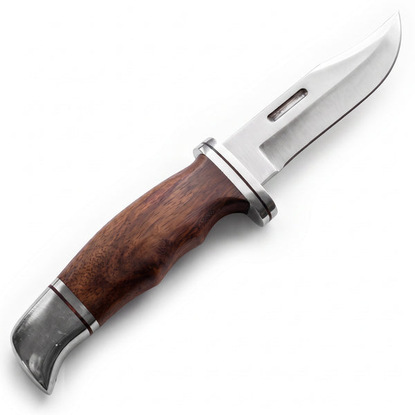 Ridgeback 11" Satin Steel Hunting Knife | Walnut, Fullered Blade, side profile on white