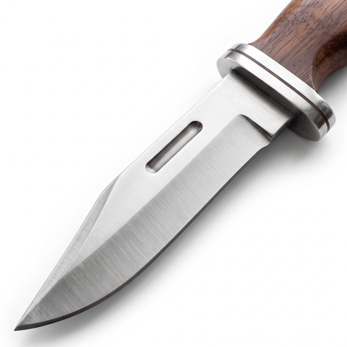 Ridgeback 11" Satin Steel Hunting Knife | Walnut, Fullered Blade, satin steel blade close-up