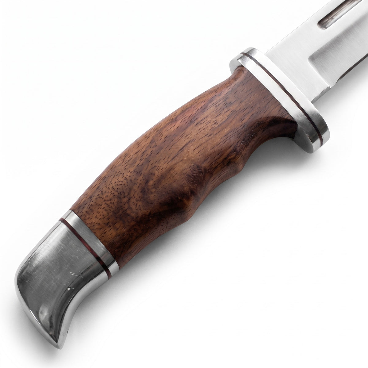 Ridgeback 11" Satin Steel Hunting Knife | Walnut, Fullered Blade, handle and fittings close-up