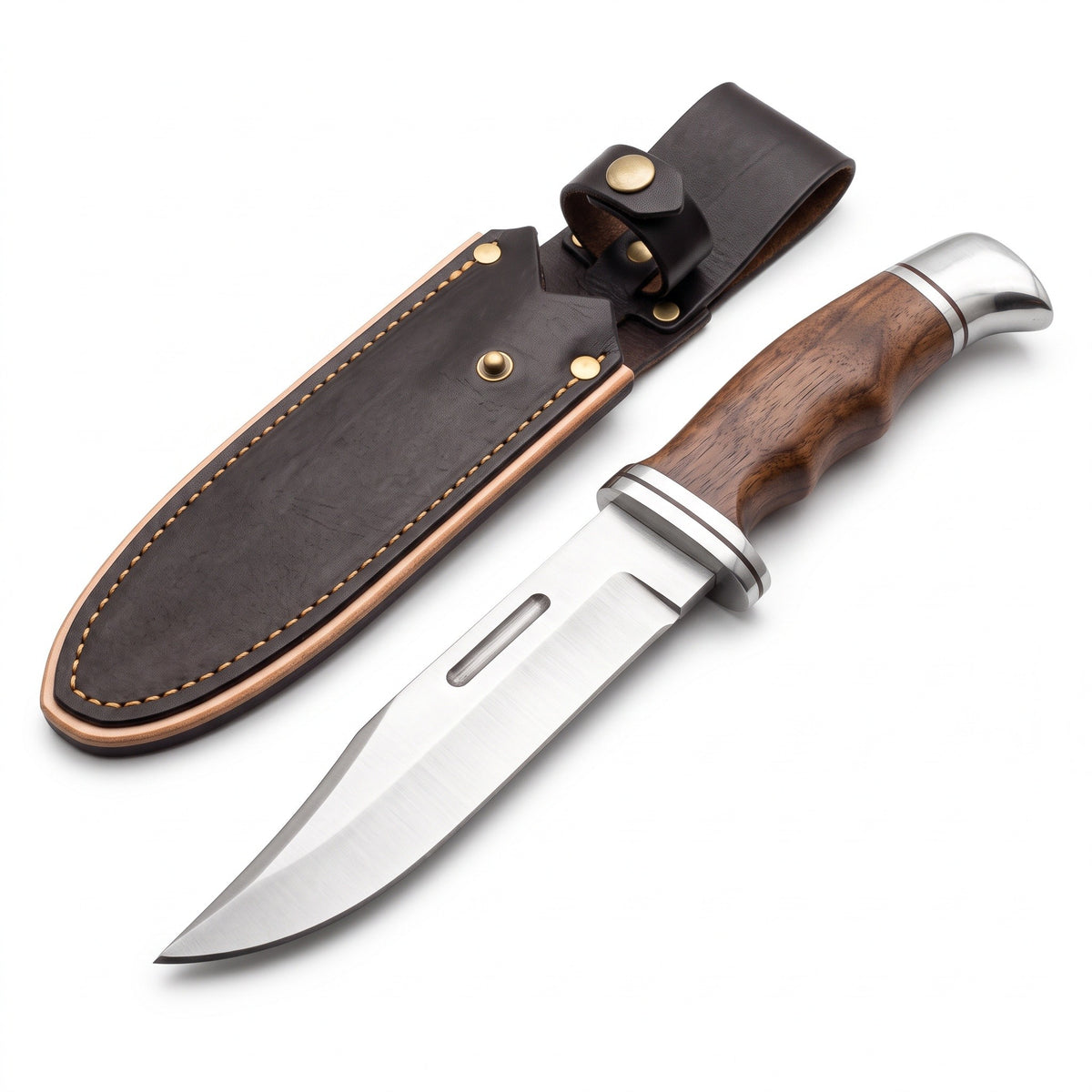 Ridgeback 11" Satin Steel Hunting Knife | Walnut, Fullered Blade, three-quarter view with the Crownridge sheath