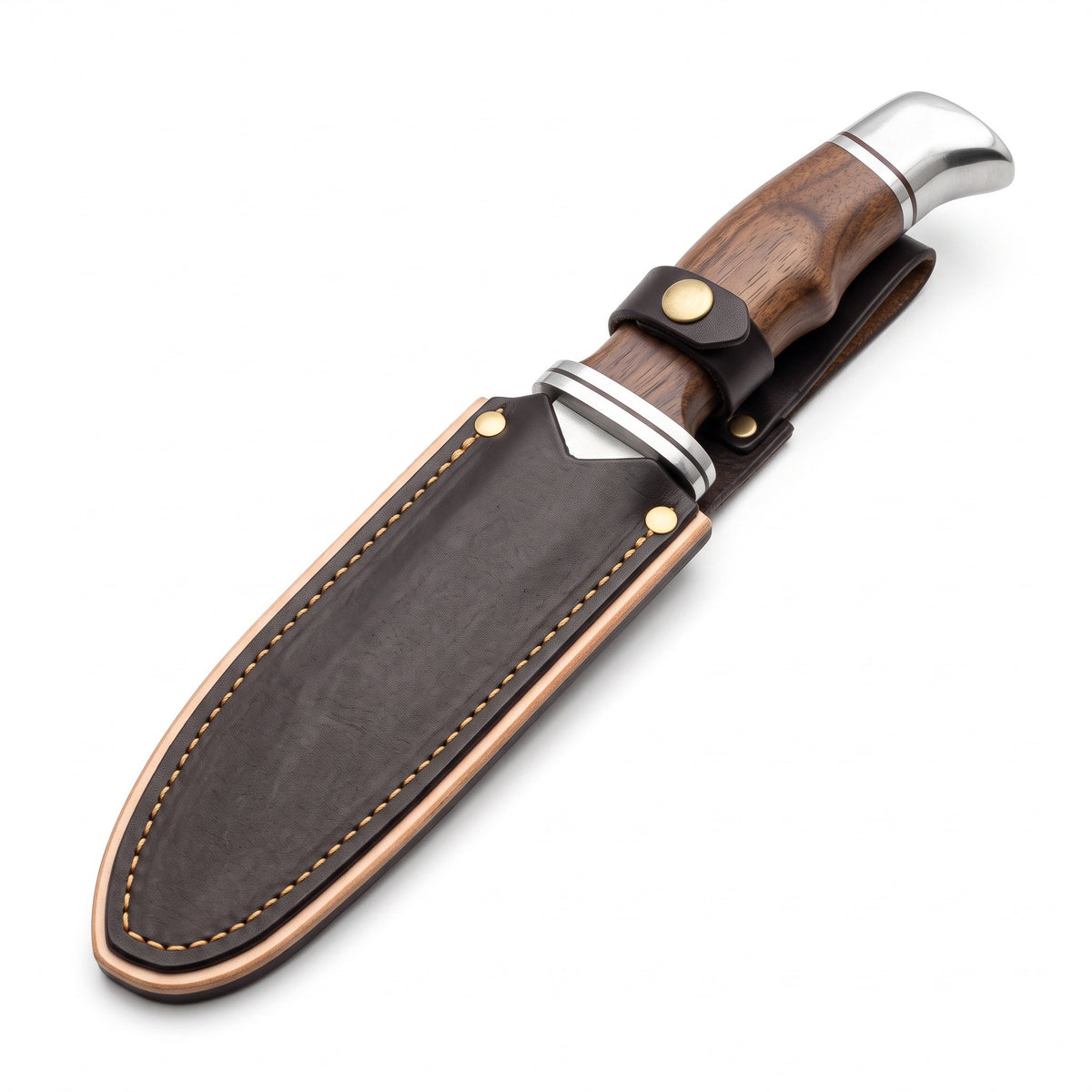 Ridgeback 11" Satin Steel Hunting Knife | Walnut, Fullered Blade, seated in the Crownridge sheath