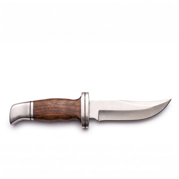 Ridgeback 11" Satin Steel Hunting Knife | Walnut, Plain Grind, side profile on white