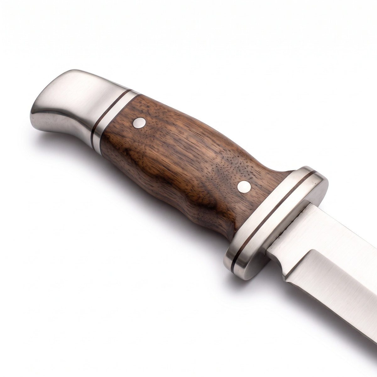 Ridgeback 11" Satin Steel Hunting Knife | Walnut, Plain Grind, handle and fittings close-up