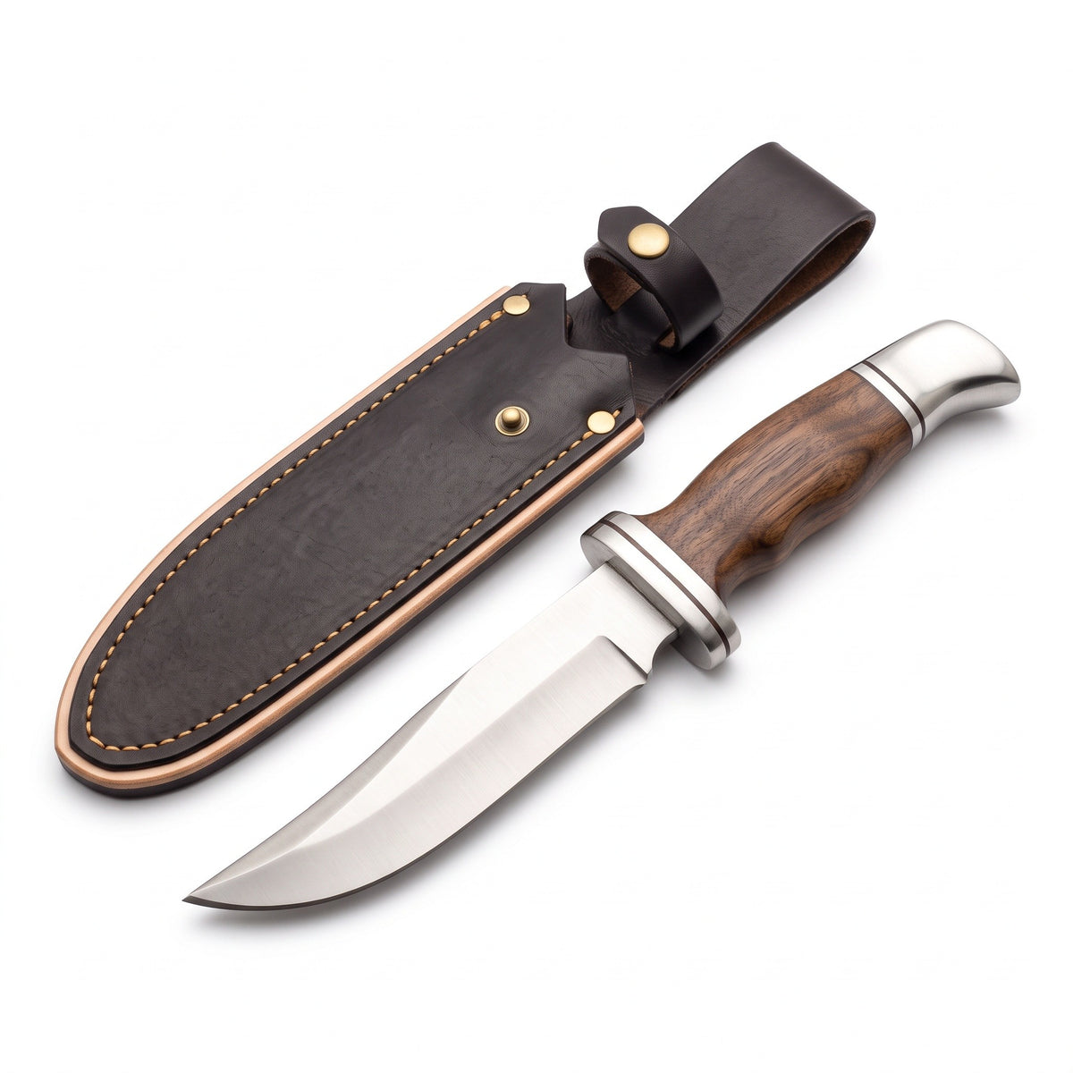 Ridgeback 11" Satin Steel Hunting Knife | Walnut, Plain Grind, three-quarter view with the Crownridge sheath