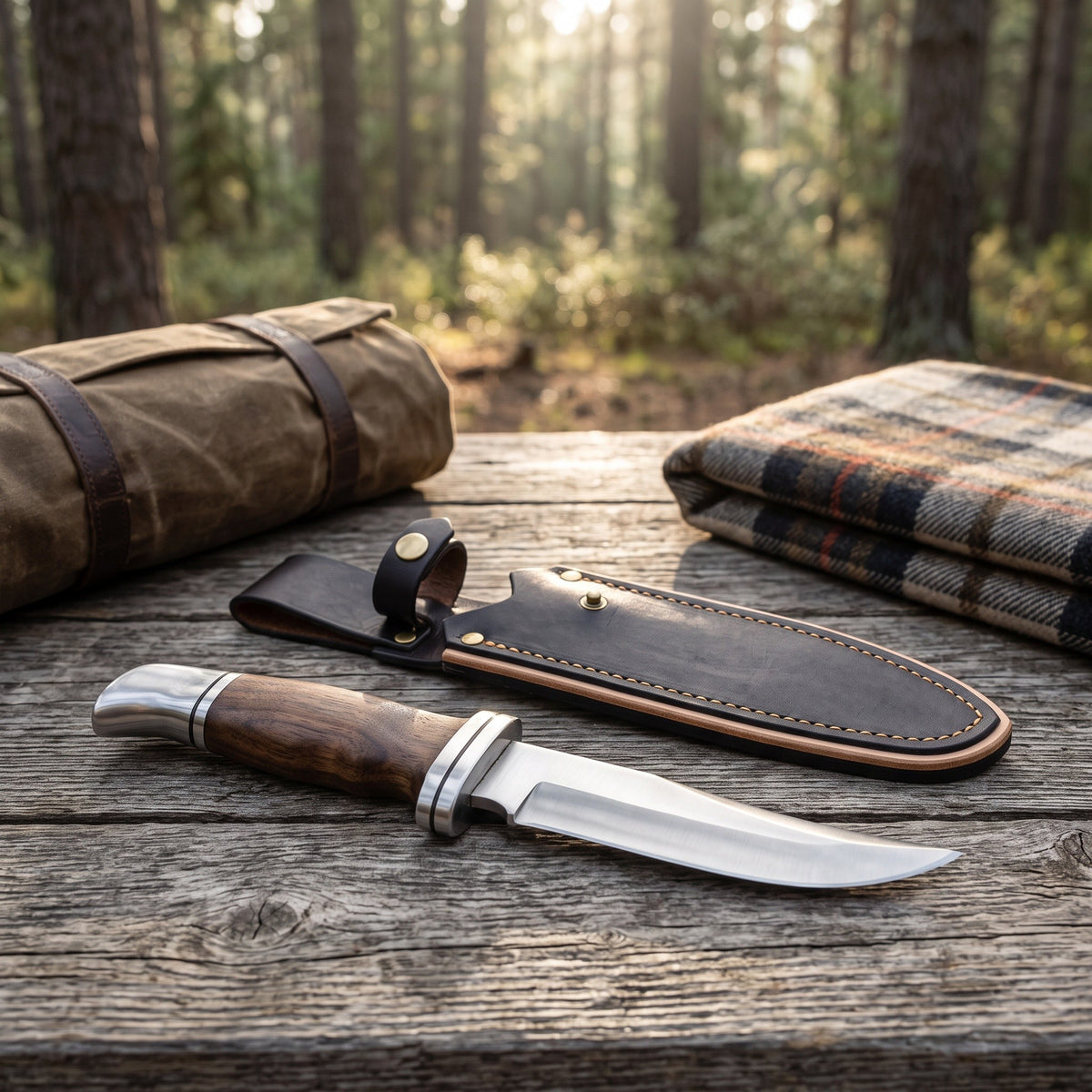 Ridgeback 11" Satin Steel Hunting Knife | Walnut, Plain Grind, with the Crownridge sheath in use