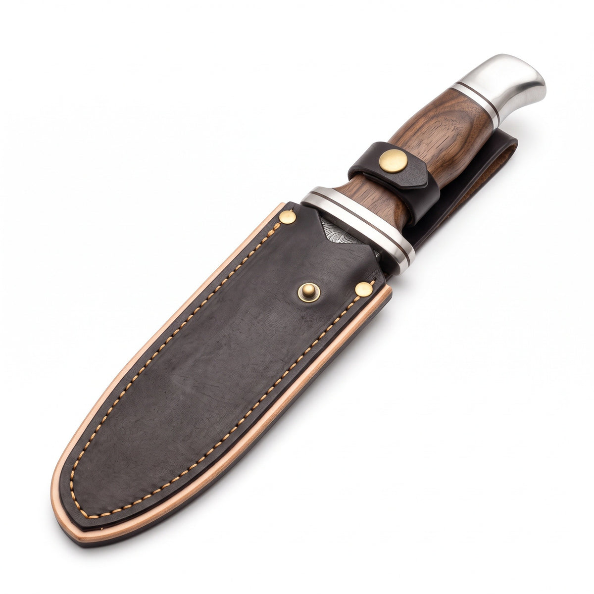 Ridgeback 11" Satin Steel Hunting Knife | Walnut, Plain Grind, seated in the Crownridge sheath