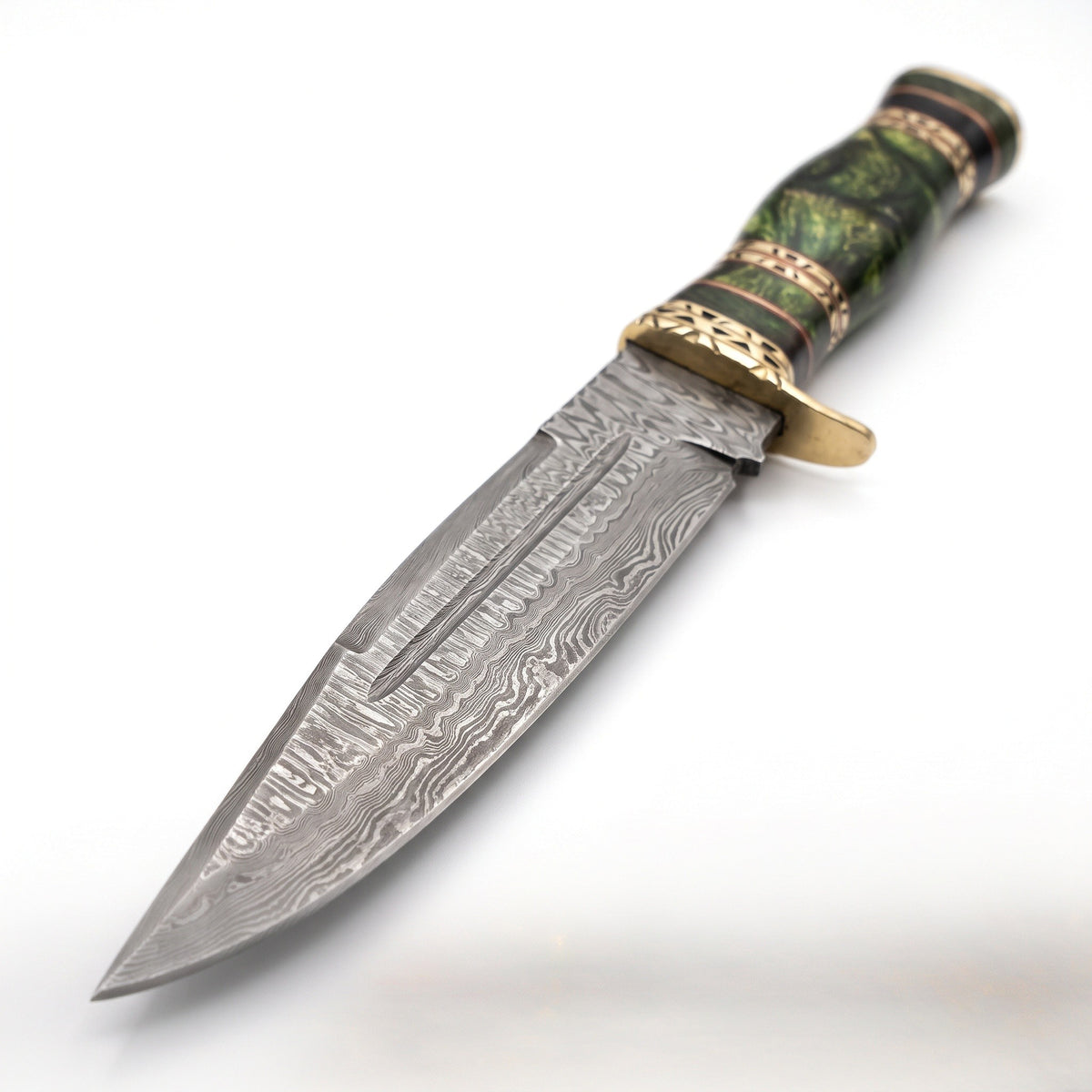 Ridgeback 12" Damascus Hunting Knife | Green Stabilized Wood, Damascus blade close-up