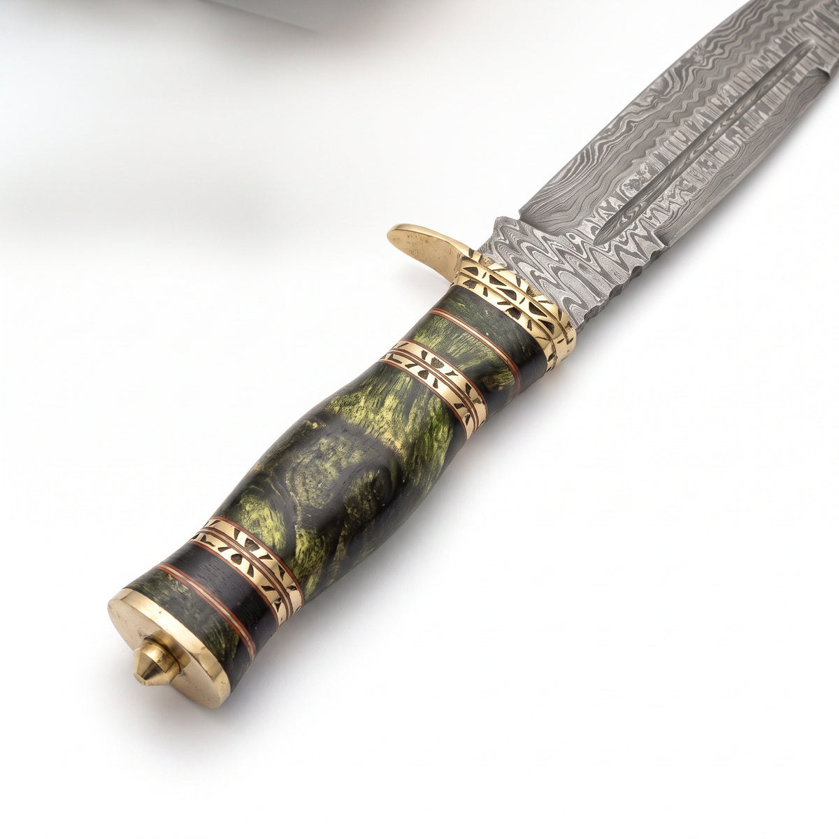 Ridgeback 12" Damascus Hunting Knife | Green Stabilized Wood, handle and fittings close-up