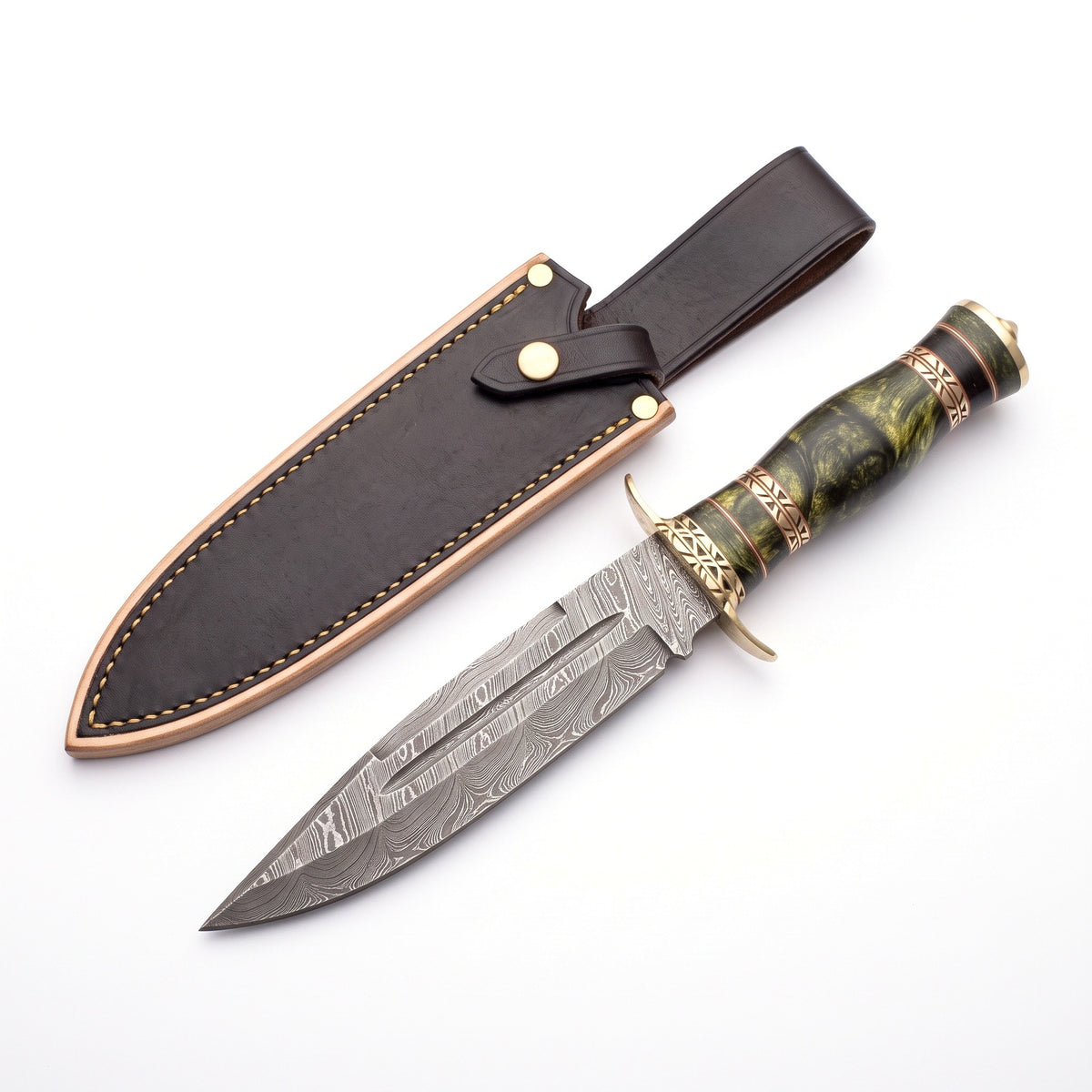 Ridgeback 12" Damascus Hunting Knife | Green Stabilized Wood, three-quarter view with the Crownridge sheath