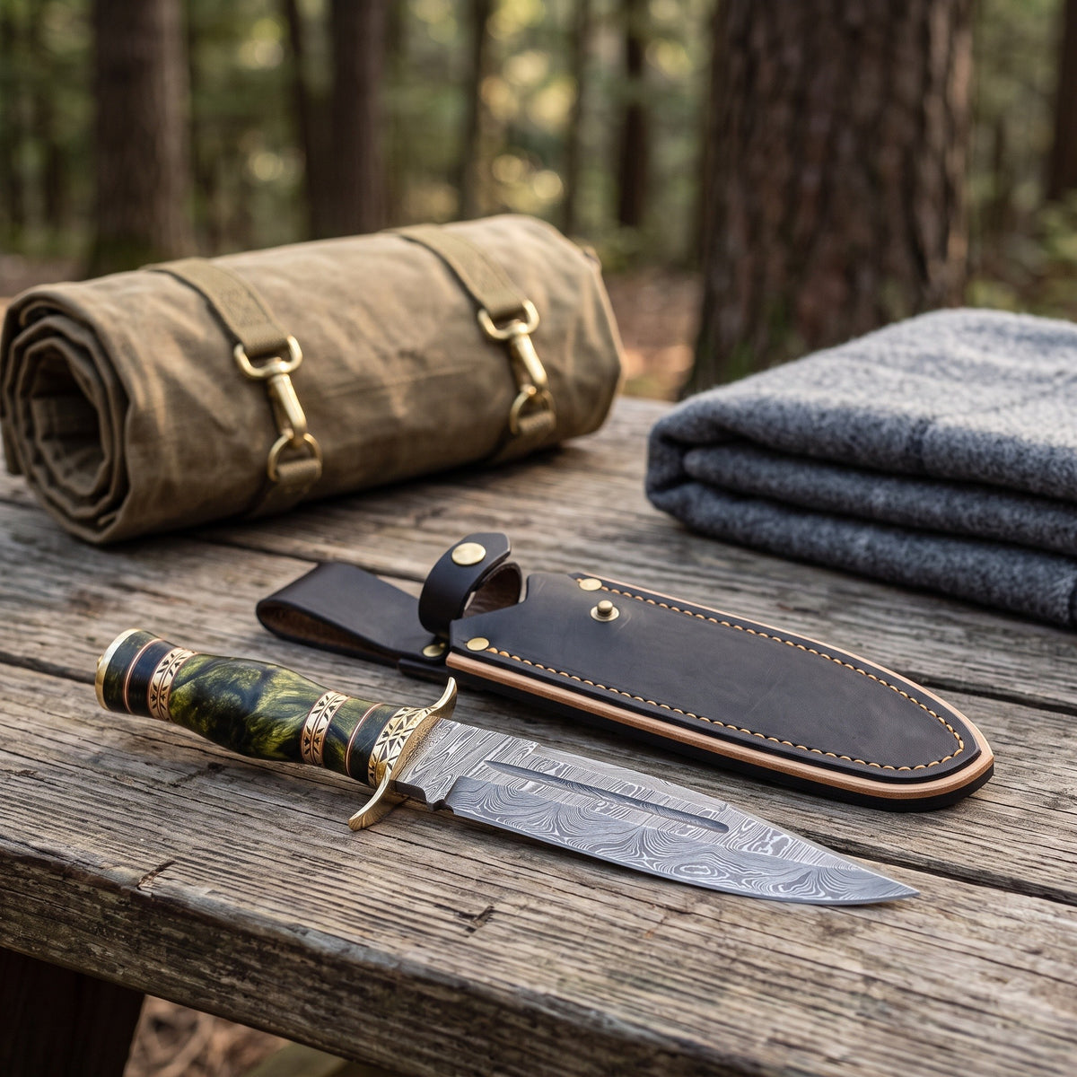 Ridgeback 12" Damascus Hunting Knife | Green Stabilized Wood, with the Crownridge sheath in use