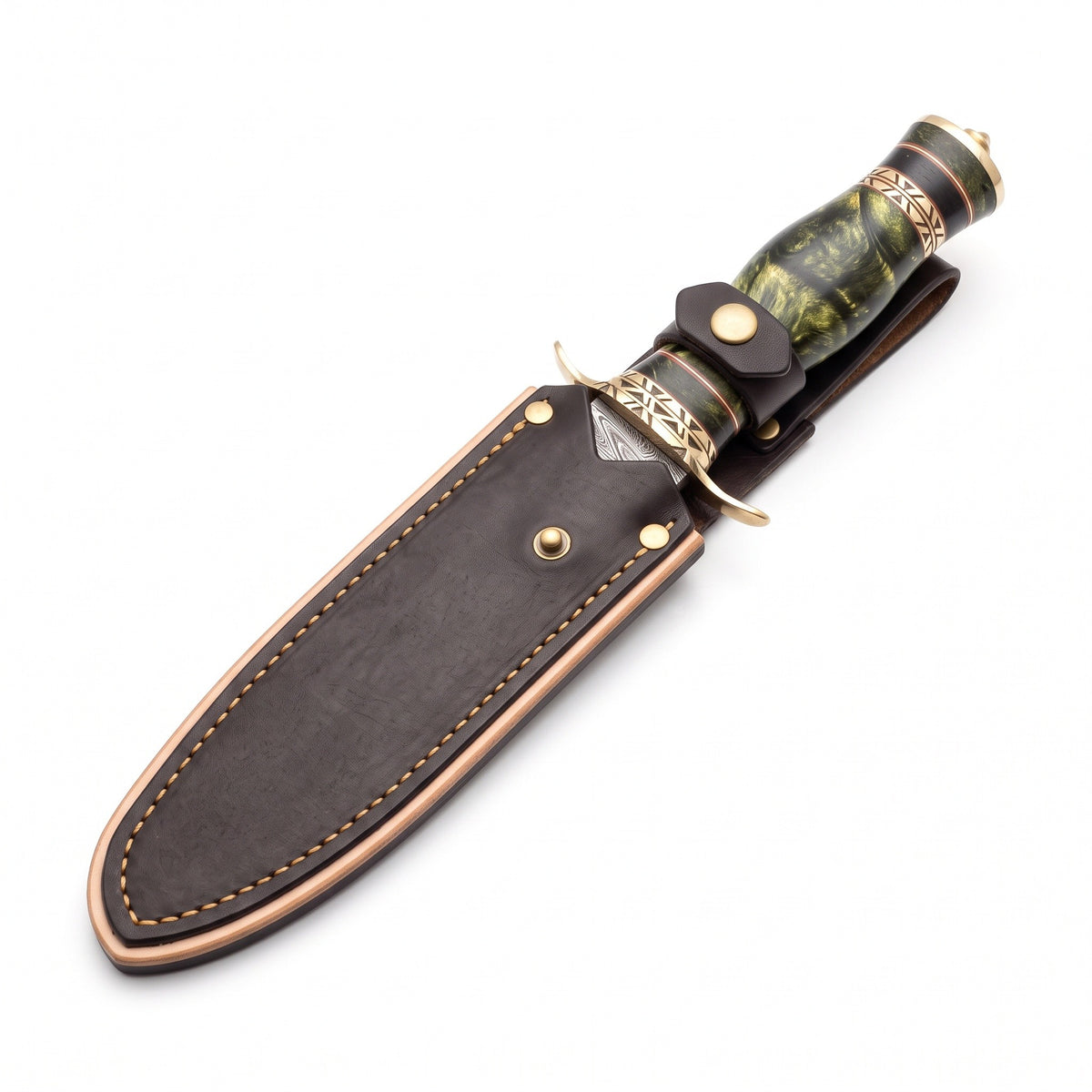 Ridgeback 12" Damascus Hunting Knife | Green Stabilized Wood, seated in the Crownridge sheath