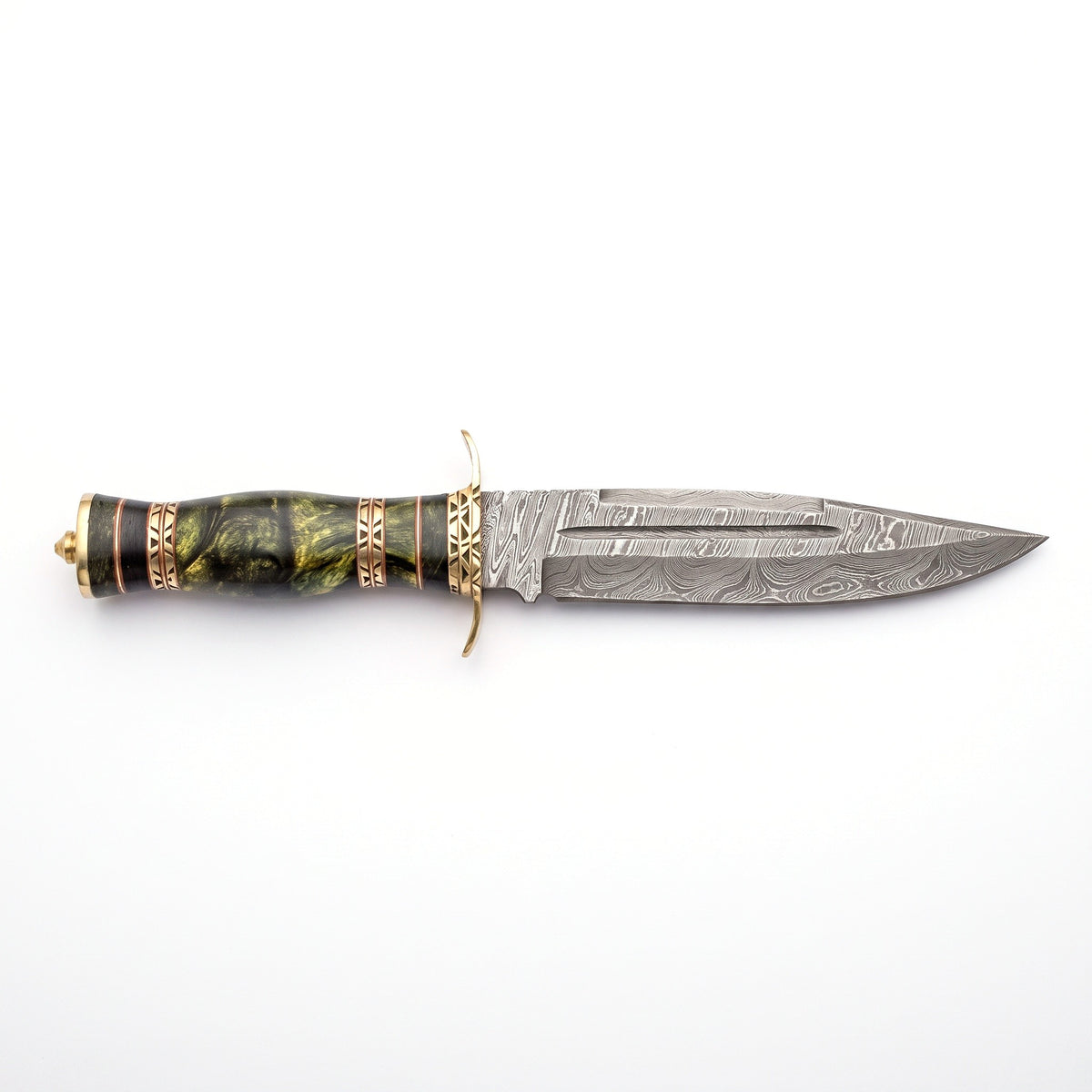 Ridgeback 12" Damascus Hunting Knife | Green Stabilized Wood, side profile on white