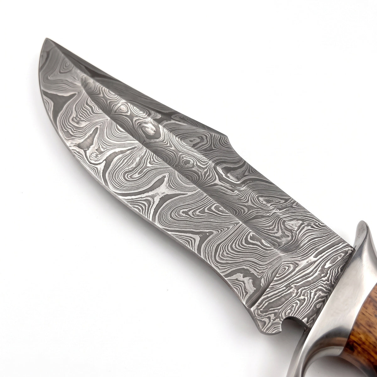 Ridgeback 12" Damascus Hunting Knife | Hardwood, Damascus blade close-up