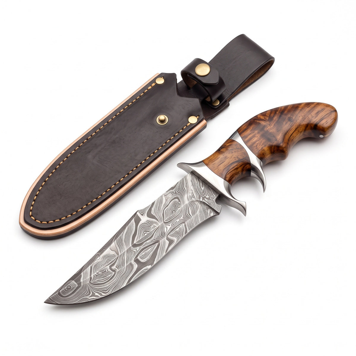 Ridgeback 12" Damascus Hunting Knife | Hardwood, three-quarter view with the Crownridge sheath